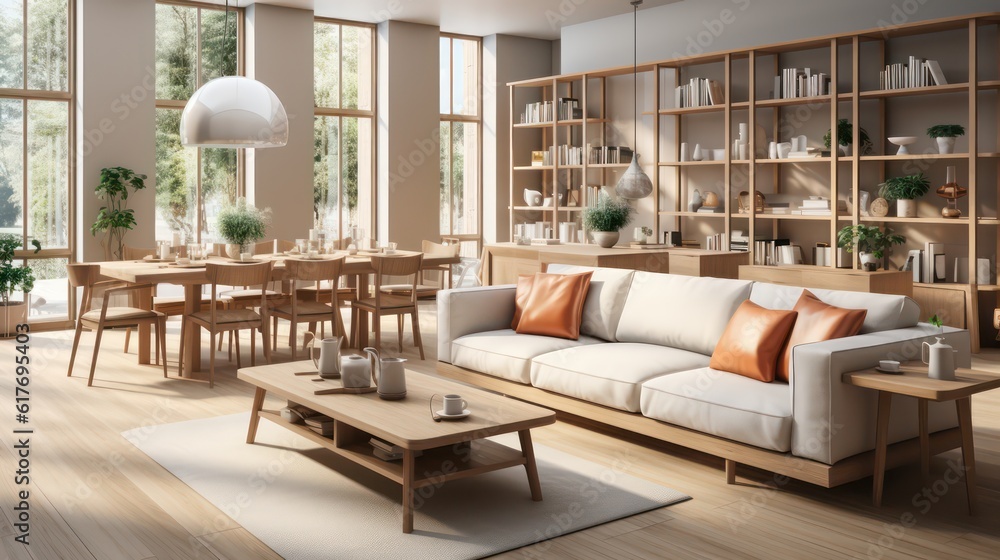 Interior design of modern scandinavian apartment, living room and dining room. Created with generative AI. Interior design of modern scandinavian apartment, living room and dining room. Created with generative AI.