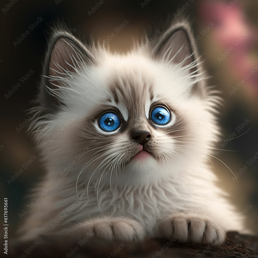 a small cat with bright blue eyes on a rock near a flower