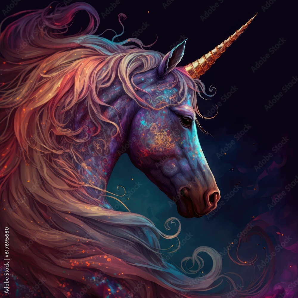 a purple unicorn with its head turned to the side with hair flying down it ' a purple unicorn with its head turned to the side with hair flying down it '