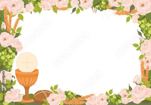 Symbols of the first communion in a rectangular frame. Vector. Golden bowl for wine, bread, wine, grapes, white roses. Composition for beautiful invitation design.