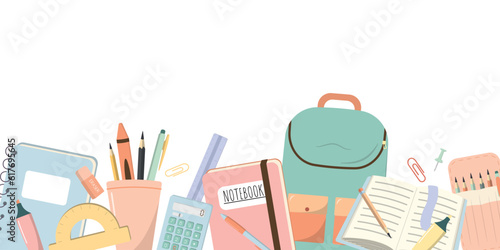 Banner with cartoon school supplies. Vector illustration. Isolated on white background. Design for poster, flyer, web.