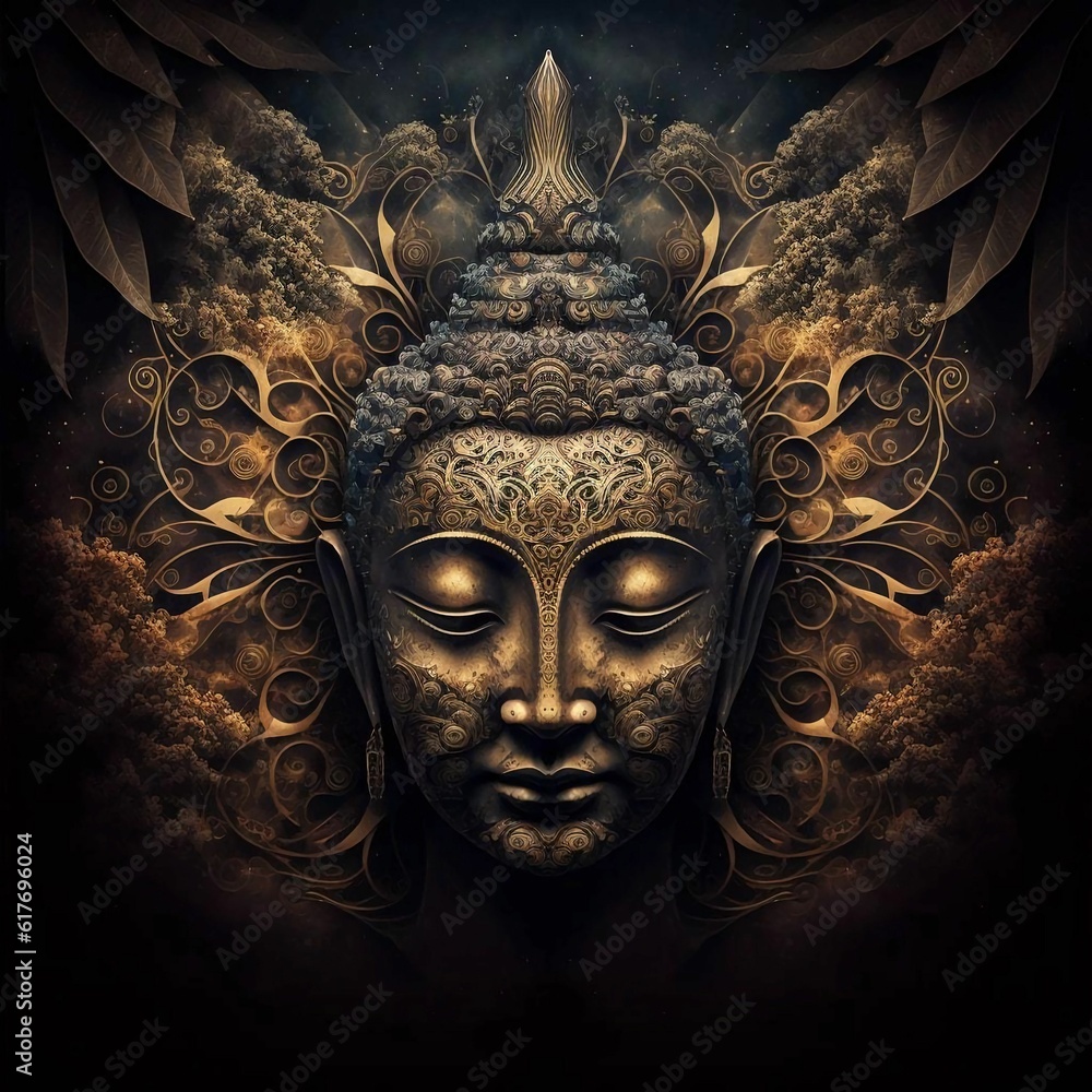 AI generated illustration of an abstract intricate Buddha sculpture face