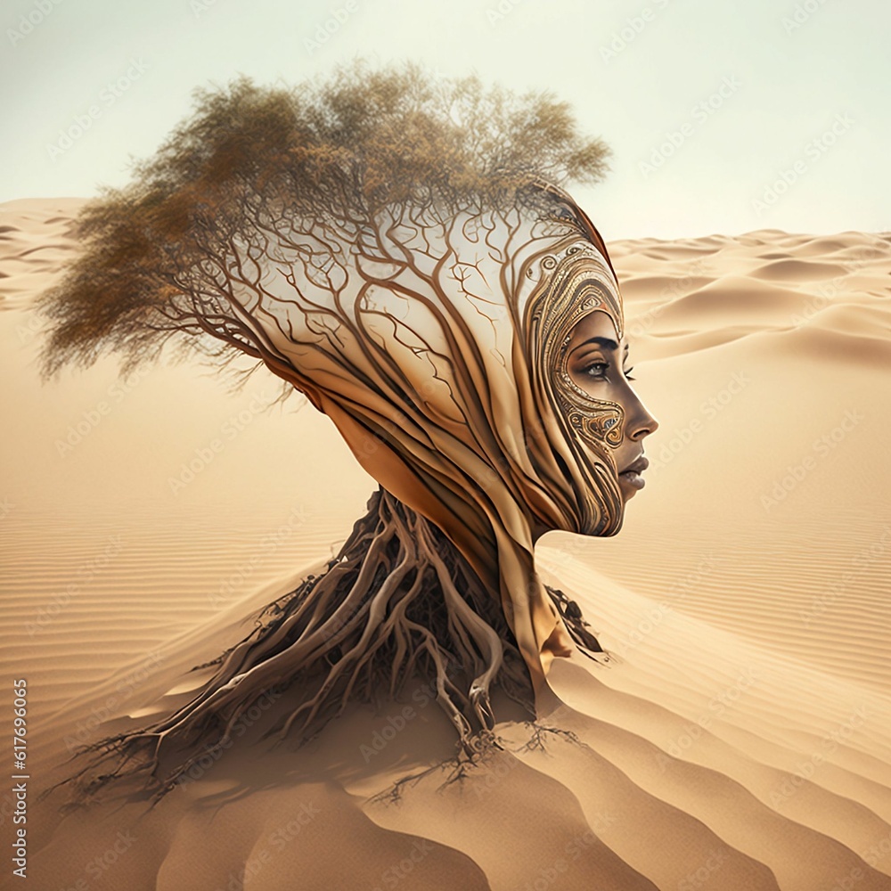 a person with very strange skin, growing trees in their head - obrazy, fototapety, plakaty 