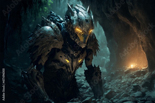 the predator with yellow eyes in a cave, at night