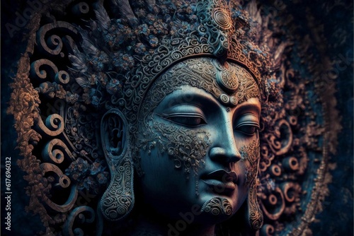 AI generated illustration of an abstract intricate Buddha sculpture face