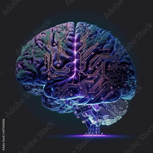 a brain with electronic circuit and electronics elements inside it, 3d rendering