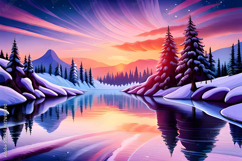 Abstract winter landscape with snowy mountains and lake, nature, pine trees, night sky and stars, Vector illustration, generative ai