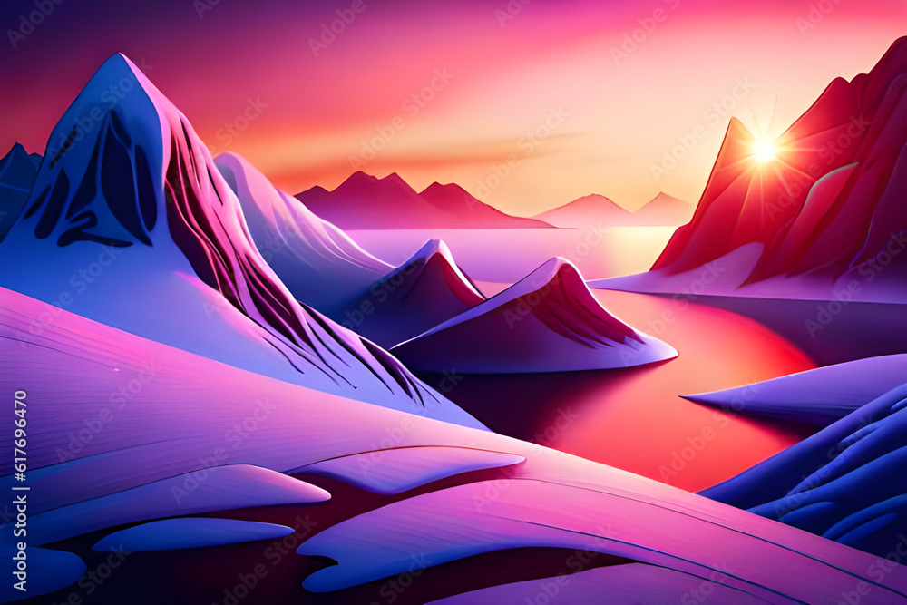 Winter snow mountain landscape, Sunset over the mountains, tranquil and peaceful painting, 3D illustration, abstract, generative ai