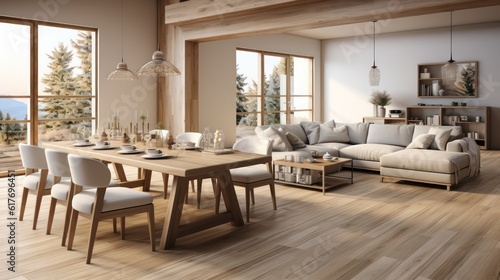 Interior design of modern scandinavian apartment  living room and dining room. Created with generative AI.