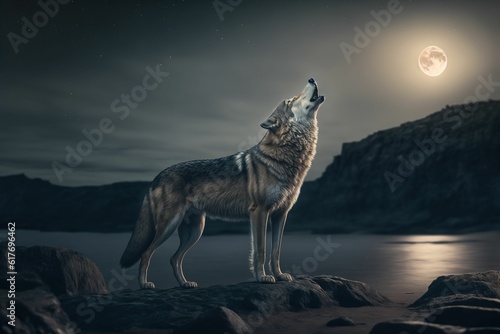 a wolf looking up at the moon on top of a hill