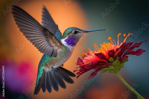 a hummingbird in flight near a red flower while flying © Achilles Studio/Wirestock Creators