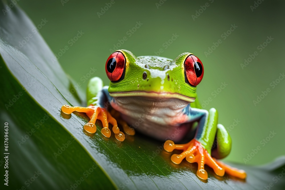 Naklejka premium red - eyed frog sitting on leaf with open mouth and large wide eyes