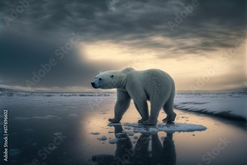 a polar bear walking through an icy river near the ocean