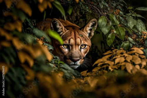 a very big cat that is looking straight up and in some bushes photo