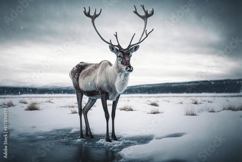 a deer standing in the snow in the mountains with its horns spread out