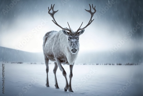 a reindeer standing in the snow with its antlers on