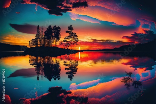 sunset reflection, lake and trees in the sky with clouds above