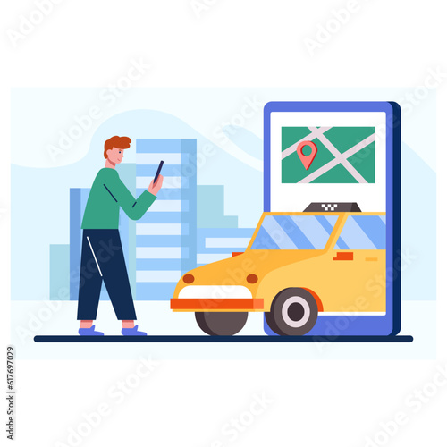 Young man standing outside, holding mobile phone and looking on screen. Online taxi order concept. Order and arrival car by geolocation. Vector flat illustration in blue and yellow colors © ANDRII