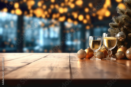 Christmas background. Empty wooden table on the background of the Christmas tree  golden glass balls  New Year s golden bokeh and glasses of champagne or wine. Ready for product montage.Generative AI