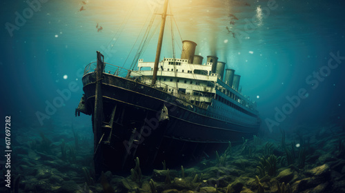 Tela Titanic Wreck submerged under the ocean.ai generative.
