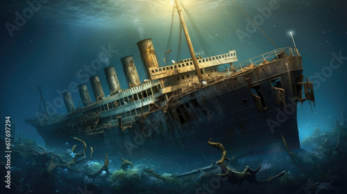 Foto Titanic Wreck submerged under the ocean.ai generative.