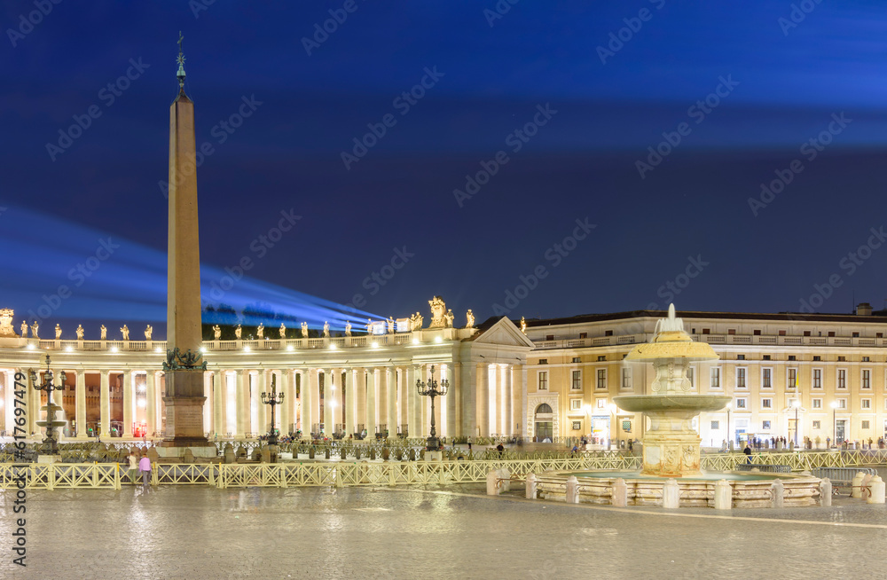 St. Peter's square in Vatican at night, center of Rome, Italy