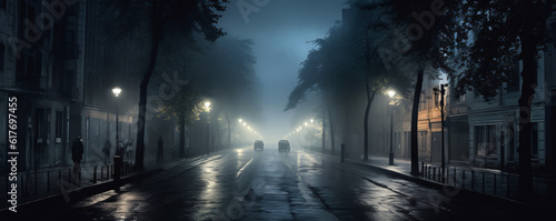 misty night city street background with car on the read 