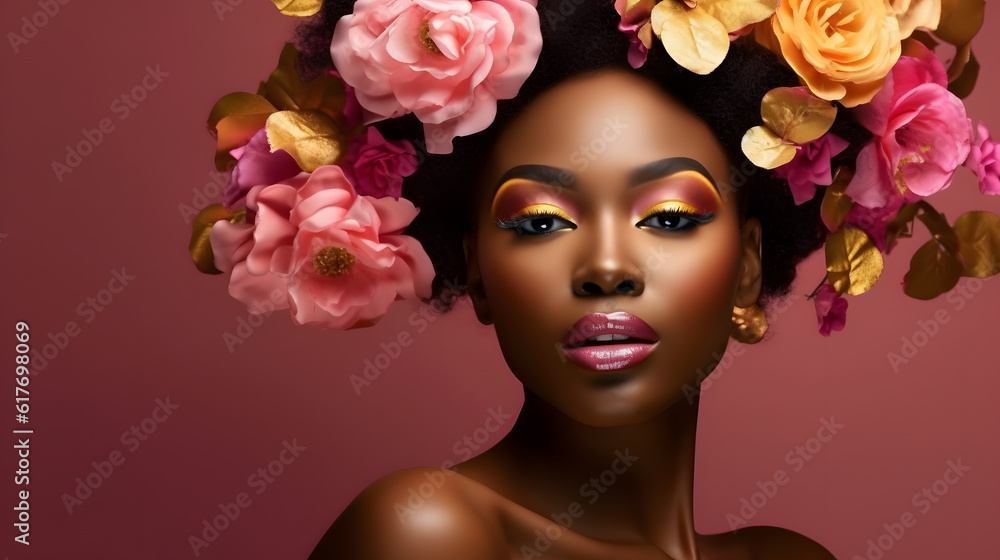 Beauty black woman face bright makeup with autumn yellow pink blossom flowers posing studio collage illustration. Generative Ai Beauty black woman face bright makeup with autumn yellow pink blossom flowers posing studio collage illustration. Generative Ai