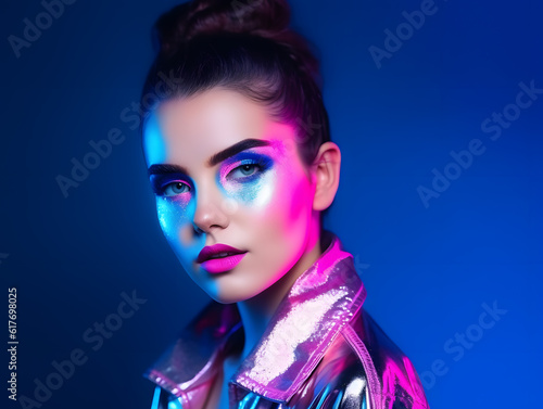 Portrait Y2K high fashion woman model with glossy pink blue neon lights makeup posing at studio illustration. Generative Ai