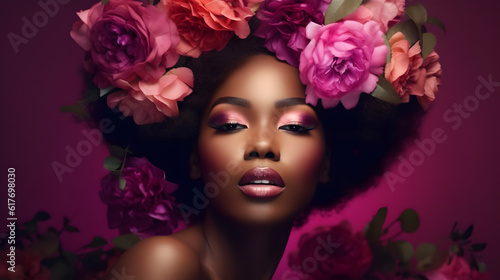 Sensual African beautiful woman trendy makeup portrait pink blossom flowers posing at studio collage illustration. Generative Ai