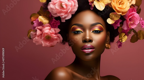 Beauty black woman face bright makeup with autumn yellow pink blossom flowers posing studio collage illustration. Generative Ai © provectors