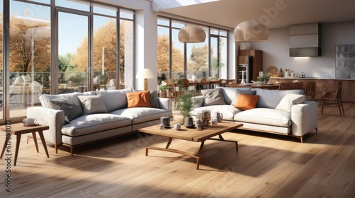 Interior design of modern scandinavian apartment, living room and dining room. Created with generative AI. © Muzaffer Stock
