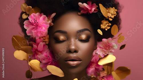 Wallpaper Mural Sensual African beautiful woman trendy makeup portrait pink blossom flowers posing at studio collage illustration. Generative Ai Torontodigital.ca