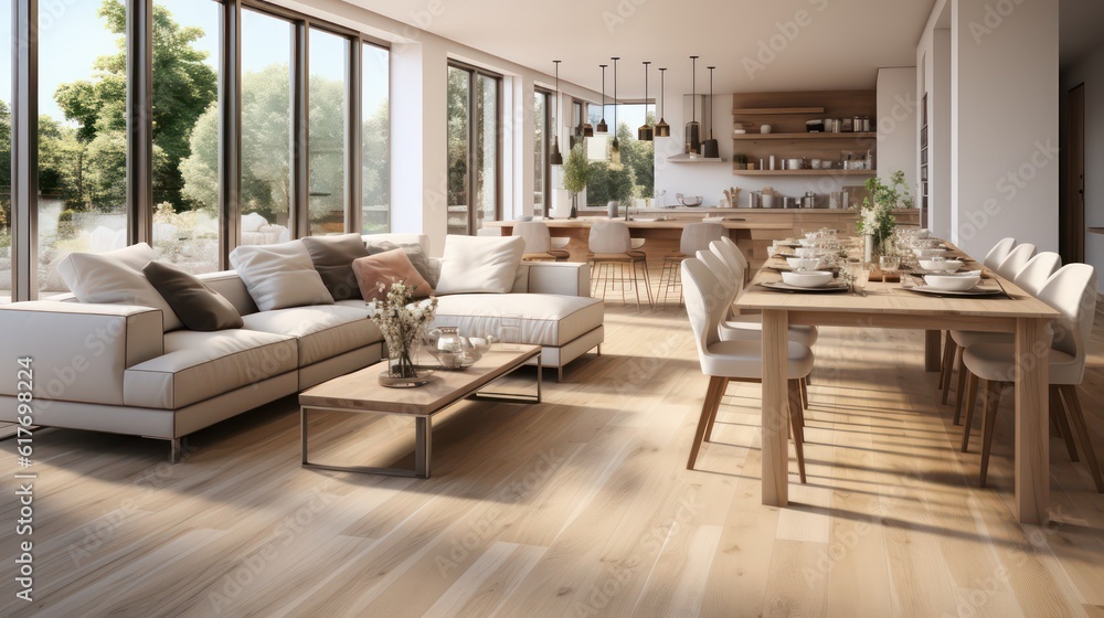 Fototapeta premium Interior design of modern scandinavian apartment, living room and dining room. Created with generative AI.
