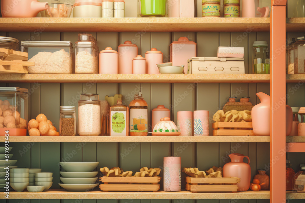 a close-up shot of an organized pantry shelves,sweet