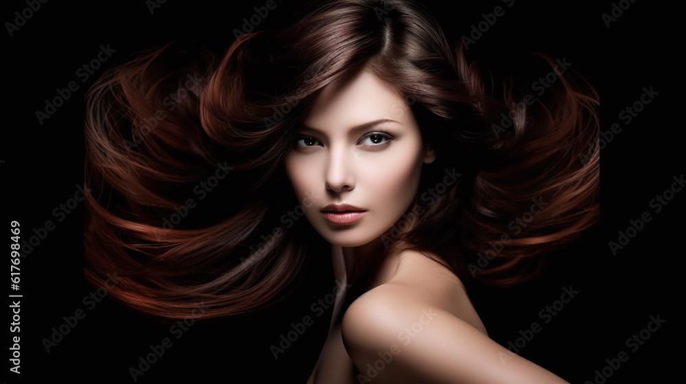 Fototapeta premium Fashion mixed race young woman brunette ginger waving hair coiffure advertising beauty marketing illustration. Generative Ai