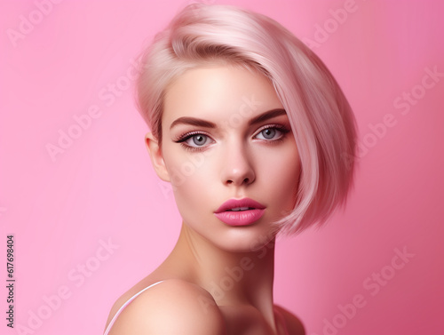 Portrait gentle young blonde woman gray eyes tender lips posing isolated on pink background beauty illustration. Generative Ai