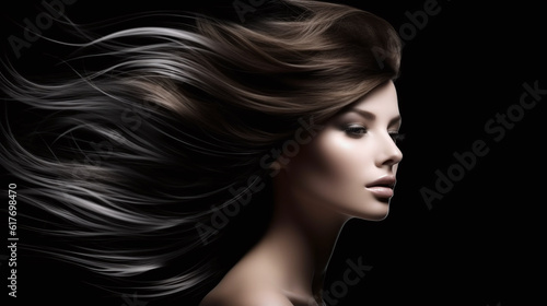 Romantic gentle brunette woman waving hairstyle isolated on black background coiffure advertising illustration. Generative Ai