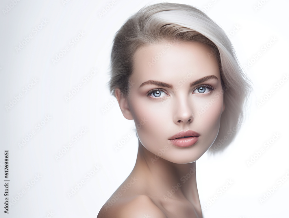 Portrait blonde young woman with blue eyes photography posing isolated on white studio background illustration. Generative Ai Portrait blonde young woman with blue eyes photography posing isolated on white studio background illustration. Generative Ai