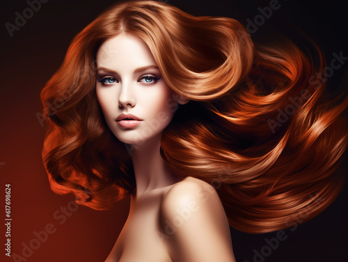 Hairstyle advertising with redhead beauty woman face waving hair golden colors at brown gradient illustration. Generative Ai