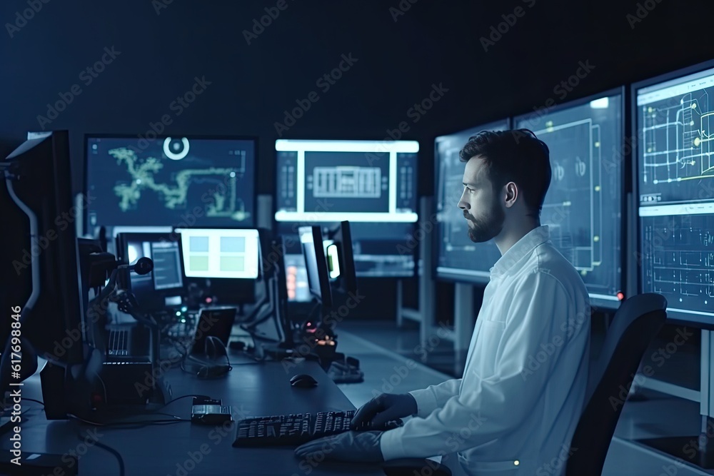 Engineer in safety working on computer at factory. Industrial and technology concept