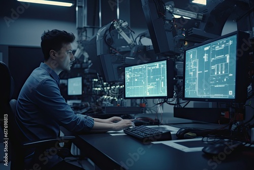 Engineer in safety working on computer at factory. Industrial and technology concept