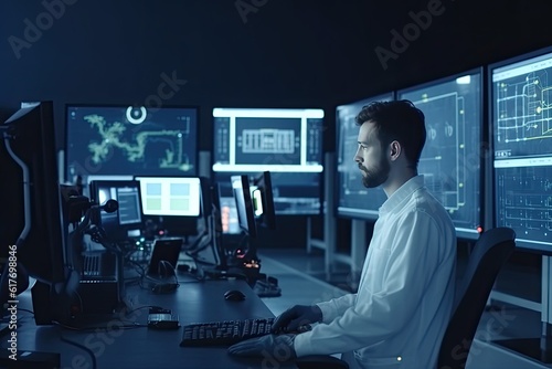 Engineer in safety working on computer at factory. Industrial and technology concept