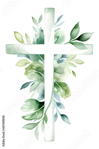 Religious cross with greenery leaves frame floral decor watercolor paint splash art paint illustration. Generative Ai