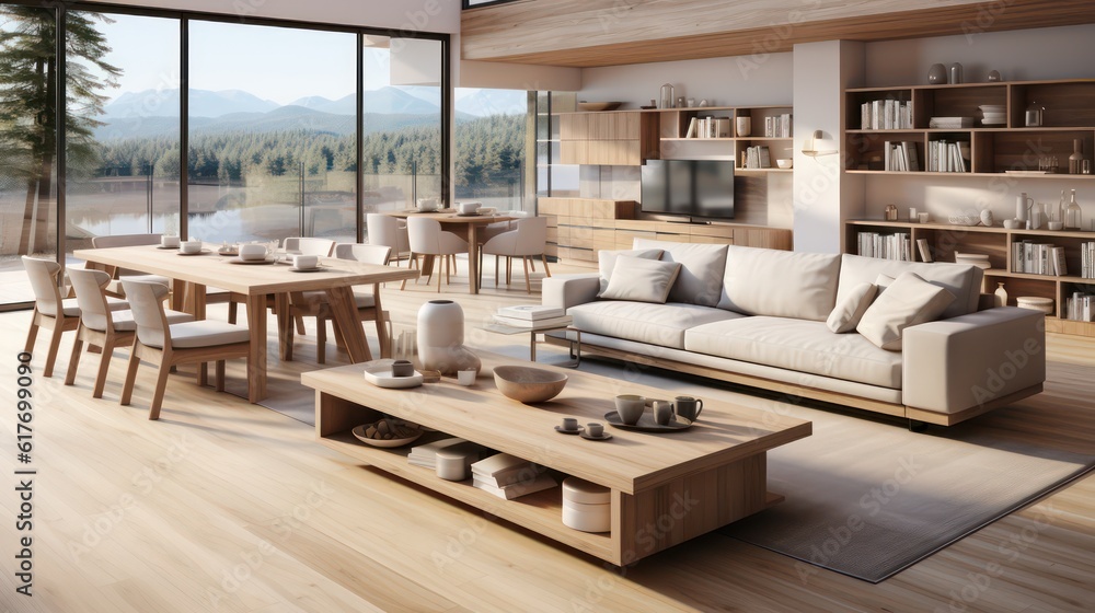 Fototapeta premium Interior design of modern scandinavian apartment, living room and dining room. Created with generative AI.