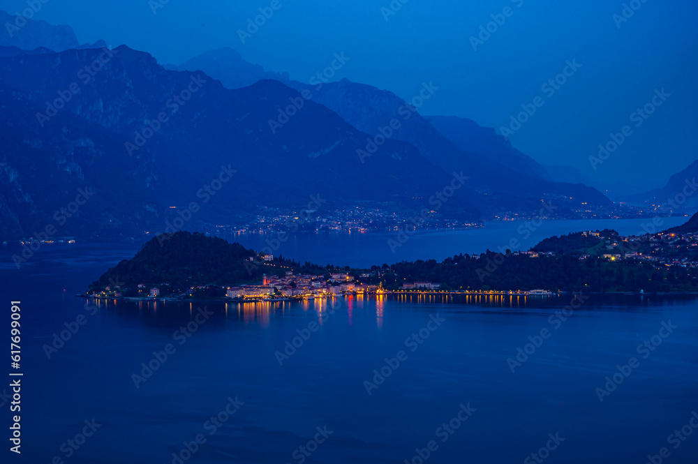 The panorama of Lake Como, photographed in the evening from the church of San Martino in Griante, showing the northern grigna, the southern grigna, the branch of Lecco, Bellagio and the mountains abov
