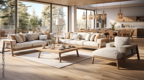 Interior design of modern scandinavian apartment  living room and dining room. Created with generative AI.