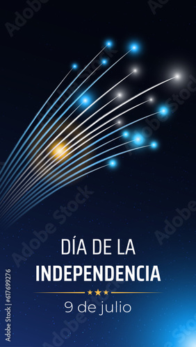 9th of july, argentina independence day, argentine colorful fireworks flag on blue night sky background. Argentina national holiday. Greeting card. Vector. Translation Independence day july 9