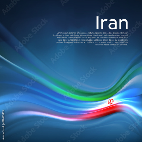 Iran flag background. Abstract iranian flag in the blue sky. National holiday card design. Business brochure design. State banner, iran poster, patriotic cover, flyer. Vector illustration photo