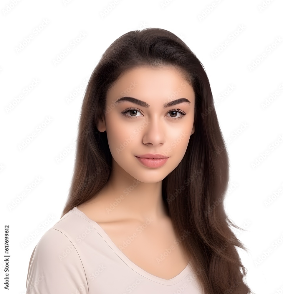 Photography of young brunette woman with hazel eyes and perfect skin isolated on white background transparent png. Generative Ai Photography of young brunette woman with hazel eyes and perfect skin isolated on white background transparent png. Generative Ai
